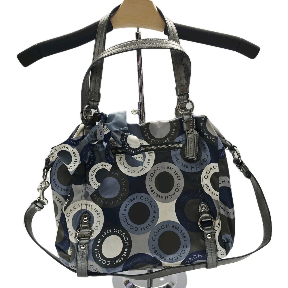 Coach Snaphead Print Sateen Alexandra Blue Gray Print Hand Bag Purse W/ Scarf